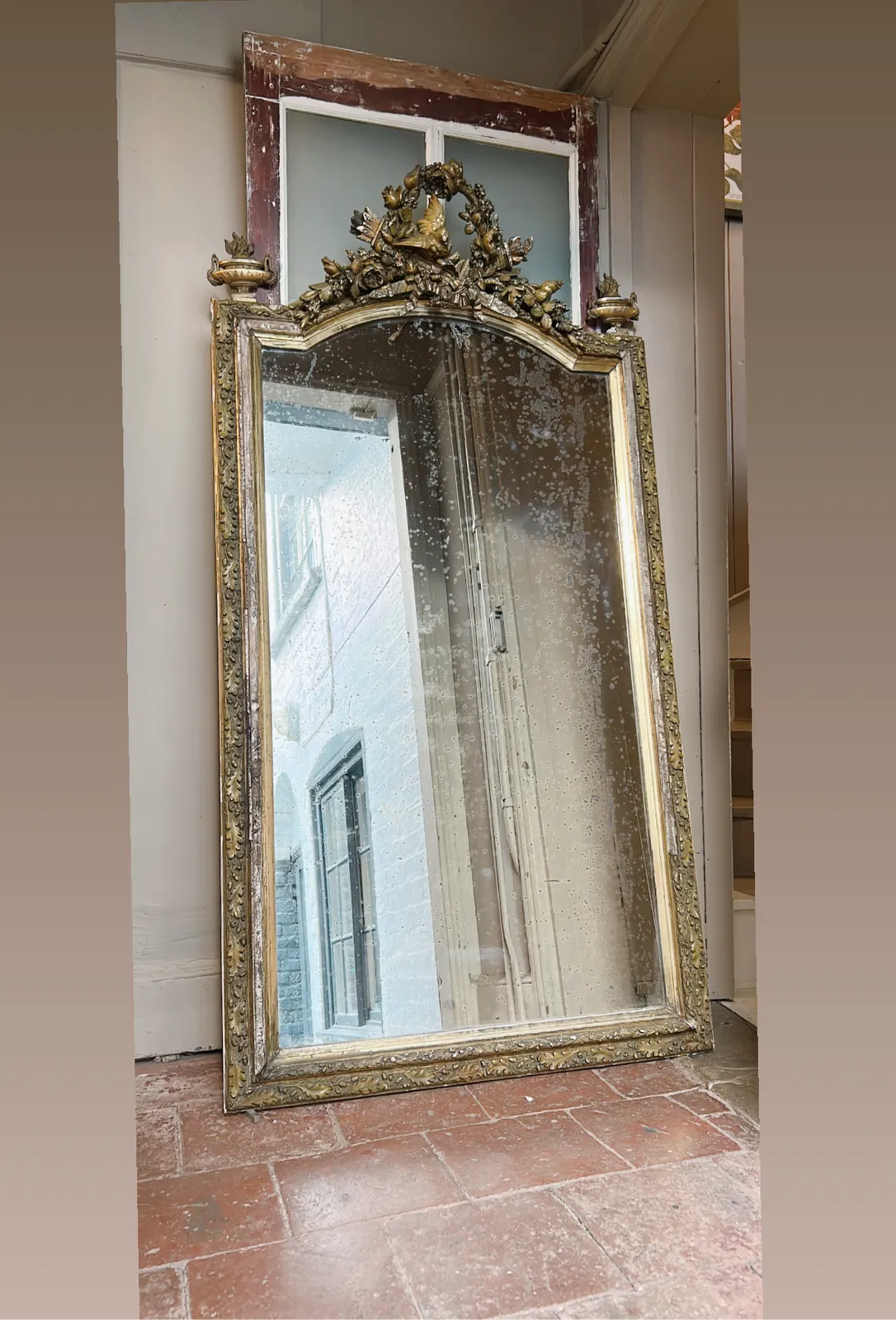Large Gold Antique French Mirror With Ornate Detailing & Foxed Mirror Glass