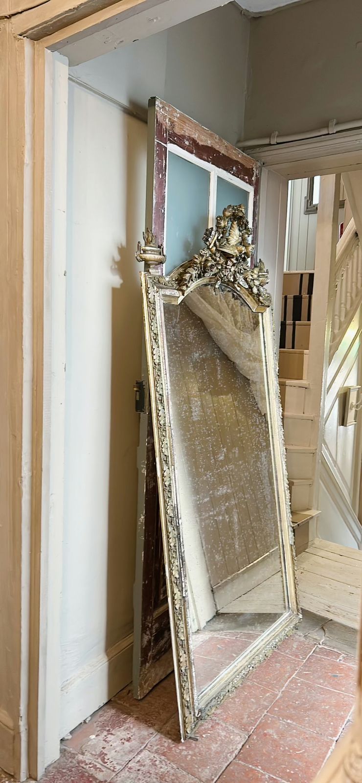 Large Gold Antique French Mirror With Ornate Detailing & Foxed Mirror Glass photo furniture