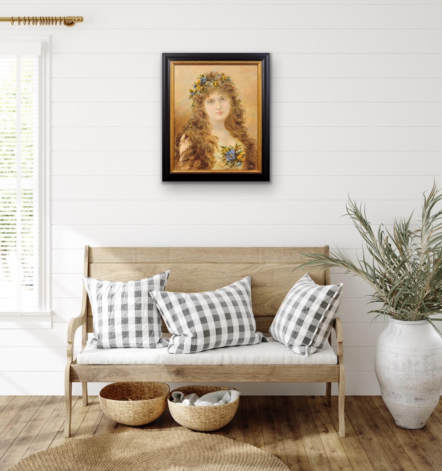 Alice Renshaw 1849 To 1900. Primavera. Young Lady With Springtime Flowers In Her Cascading Locks. Framed Victorian Mixed Media Painting. photo vinterior