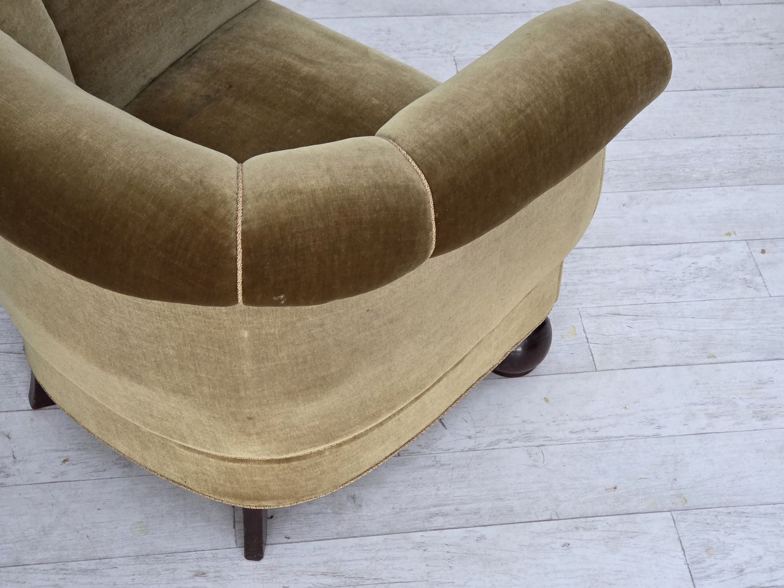 1960s, Danish Relax Armchair, Light Green Furniture Velour, Oak Wood Legs. photo for sale