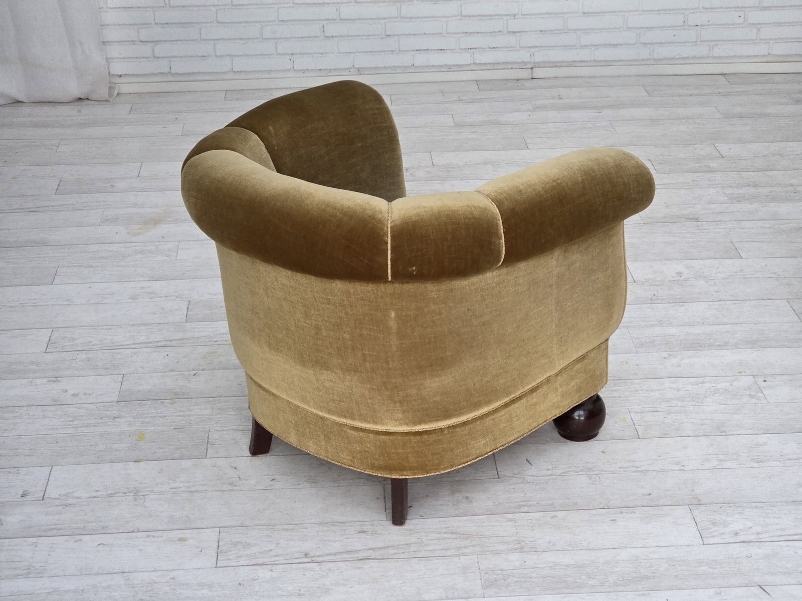 1960s, Danish Relax Armchair, Light Green Furniture Velour, Oak Wood Legs. photo vintage