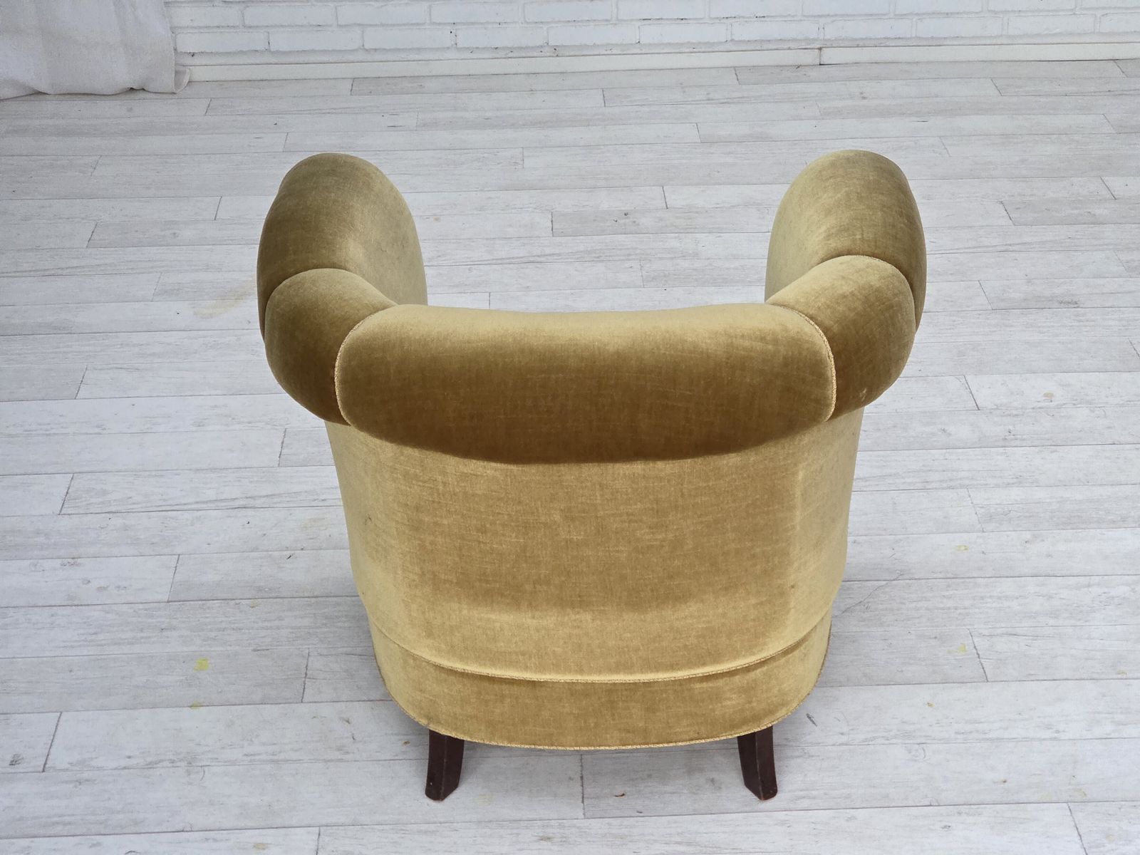 Furniture 1960s, Danish Relax Armchair, Light Green Furniture Velour, Oak Wood Legs. photo