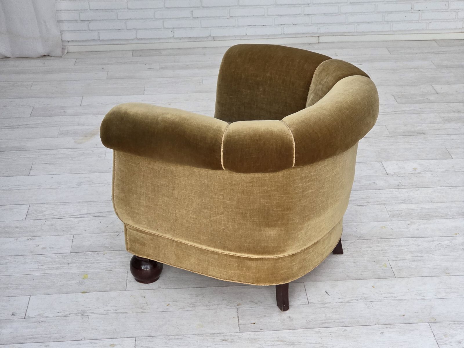 1290.0 1960s, Danish Relax Armchair, Light Green Furniture Velour, Oak Wood Legs. photo