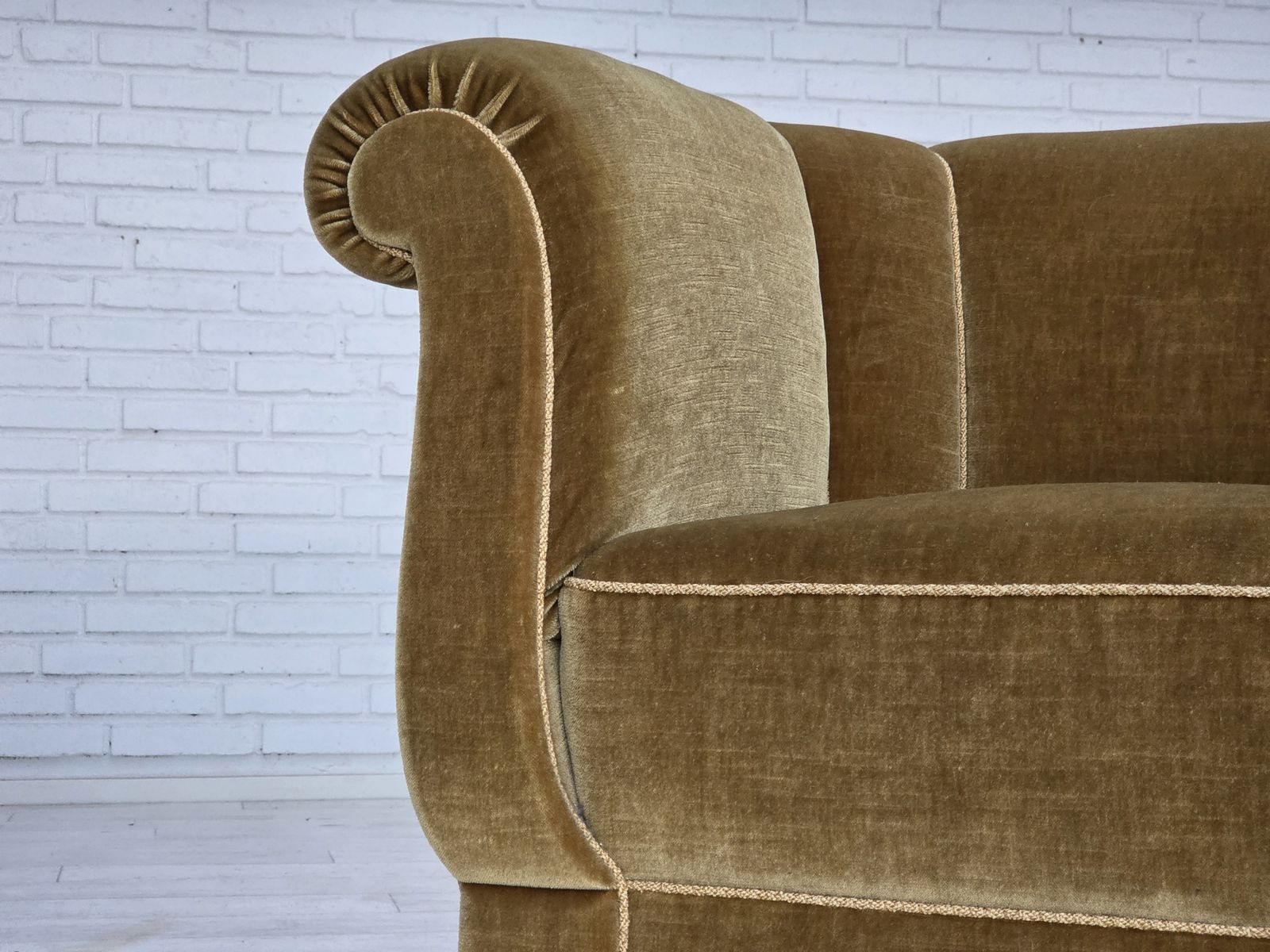 photo vinterior 1960s, Danish Relax Armchair, Light Green Furniture Velour, Oak Wood Legs.