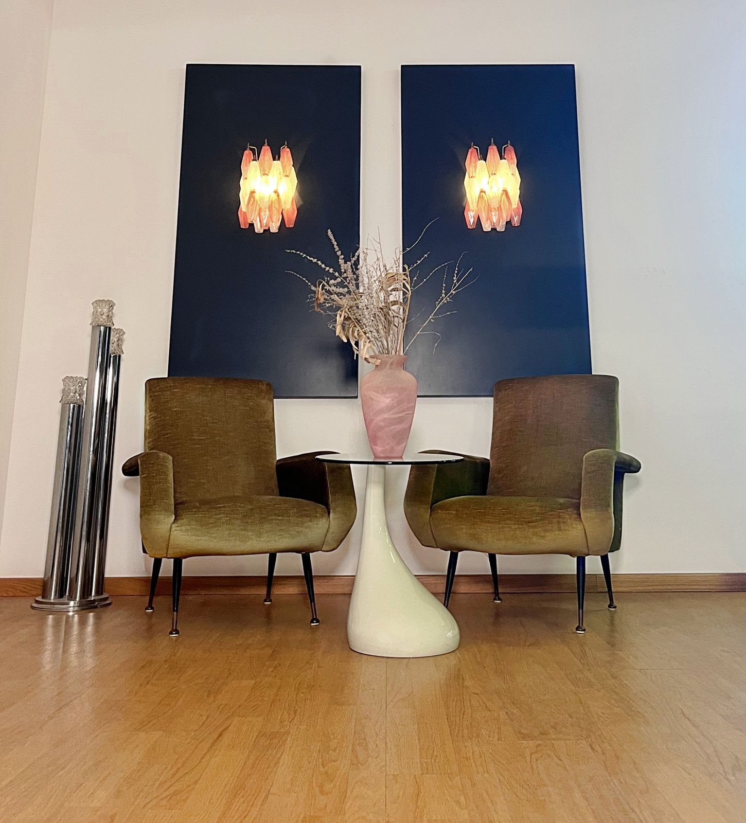 Vintage Murano Italian Poliedri White And Pink Albaster Wall Sconces photo buy