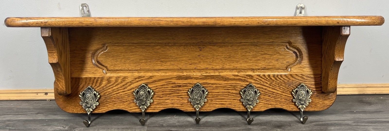 French Vintage Coat Rack Oak 5 Hooks Wall Shelf Carved Coat Hanger Lot 4494 photo furniture