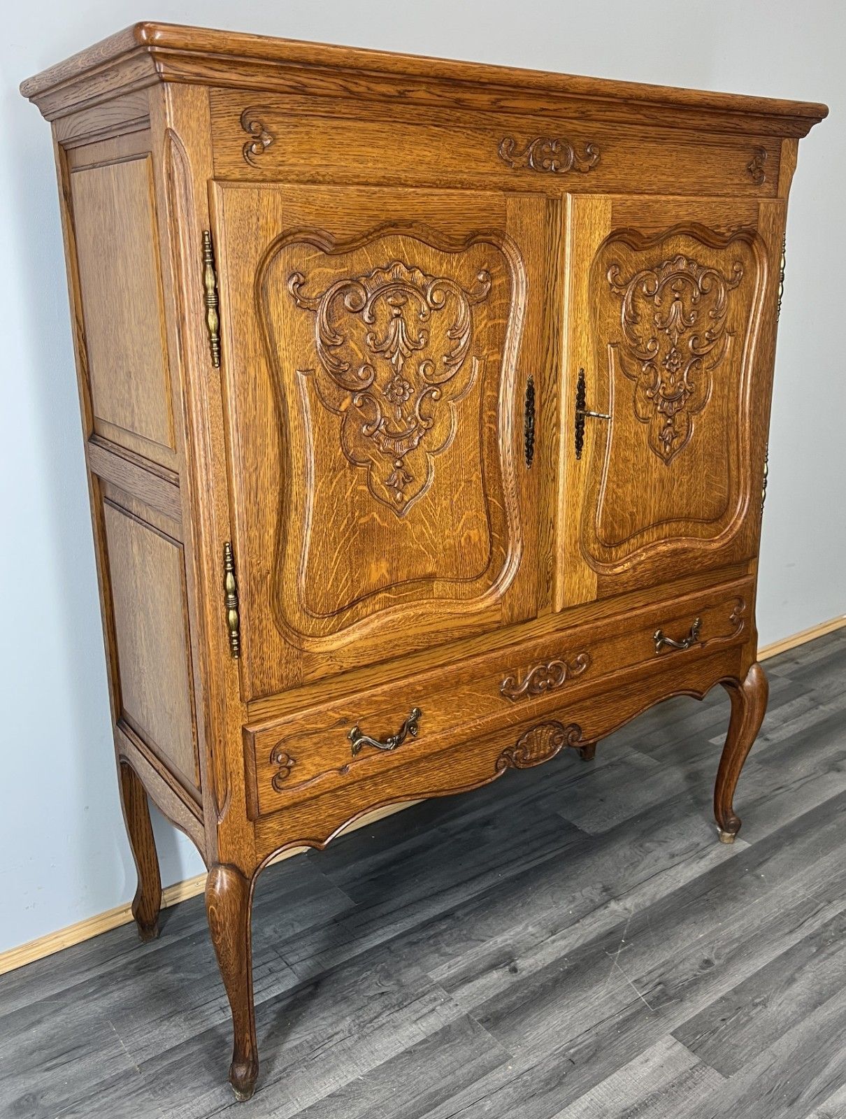 Cabinet Vintage French Louis Oak Carved 2 Doors Cupboard Drawer & Key Lot 4498 photo buy