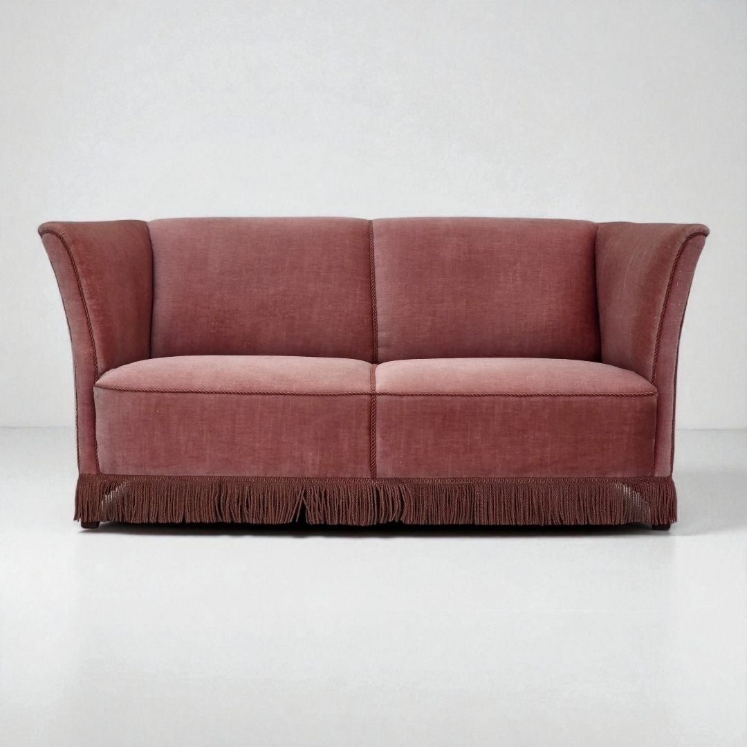 1970s, Danish 2 Seater Sofa, Original Salmon Pink Furniture Velour.
