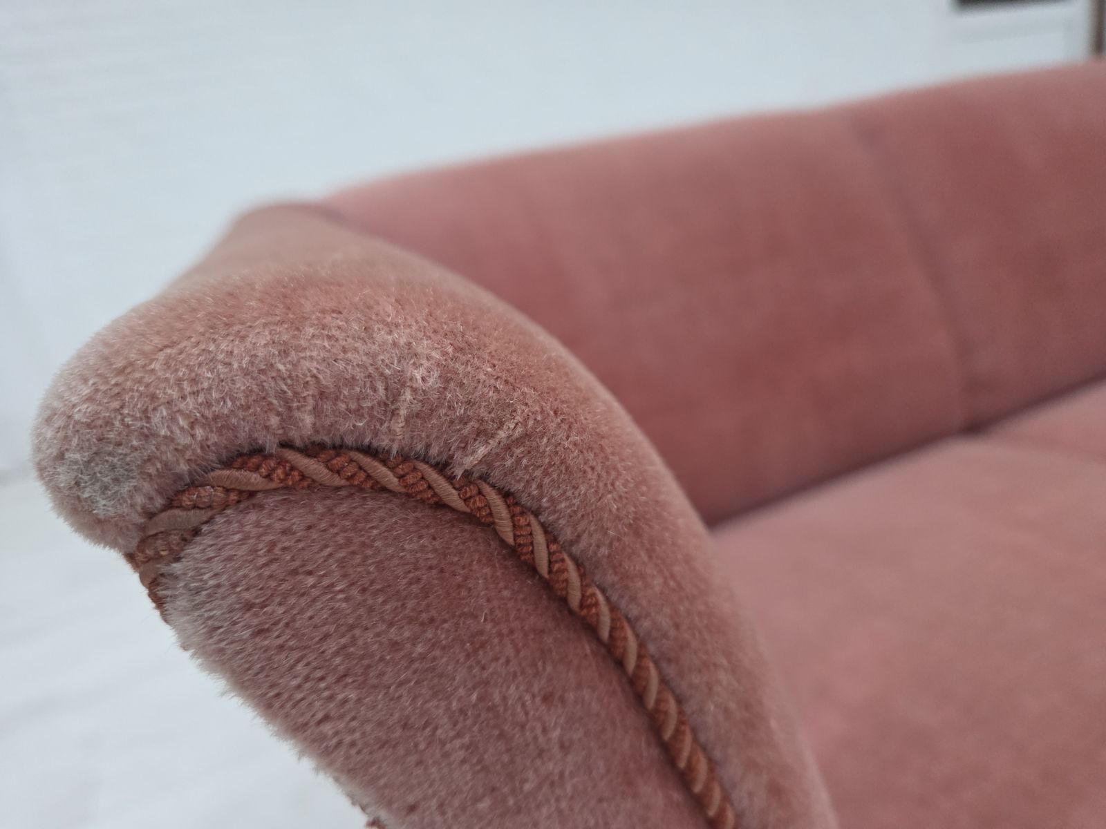 1970s, Danish 2 Seater Sofa, Original Salmon Pink Furniture Velour. photo furniture