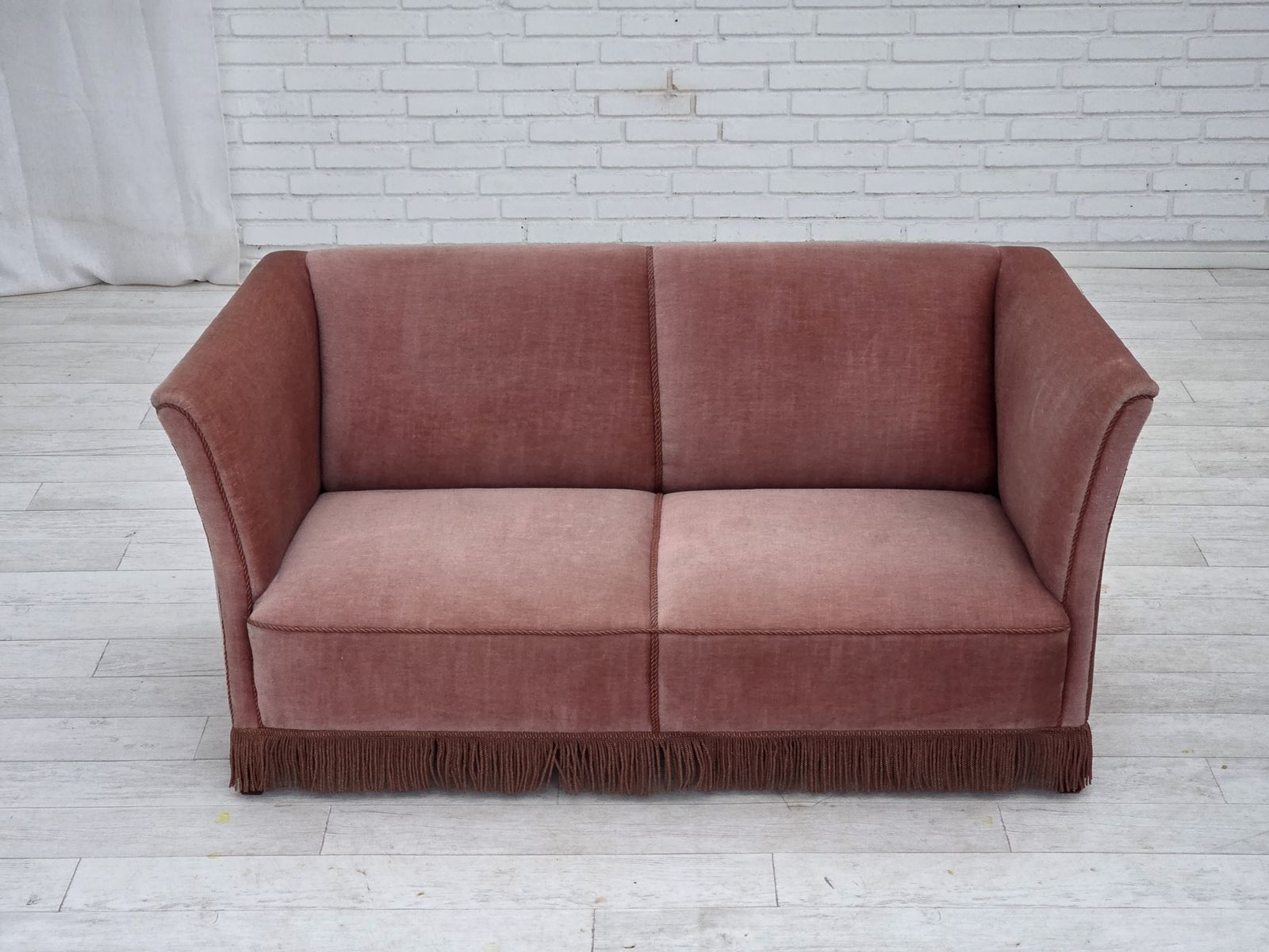 1970s, Danish 2 Seater Sofa, Original Salmon Pink Furniture Velour. photo for sale