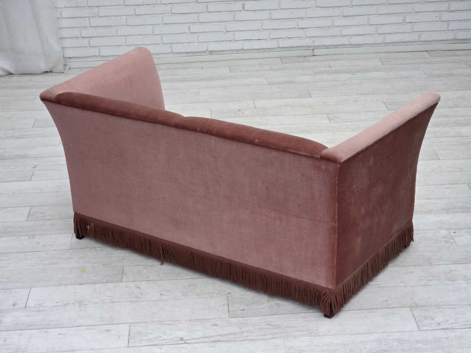 1970s, Danish 2 Seater Sofa, Original Salmon Pink Furniture Velour. photo vintage