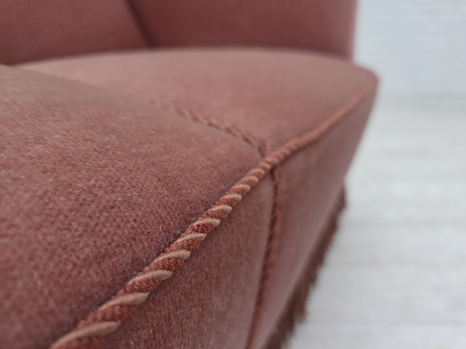 photo furniture 1970s, Danish 2 Seater Sofa, Original Salmon Pink Furniture Velour.