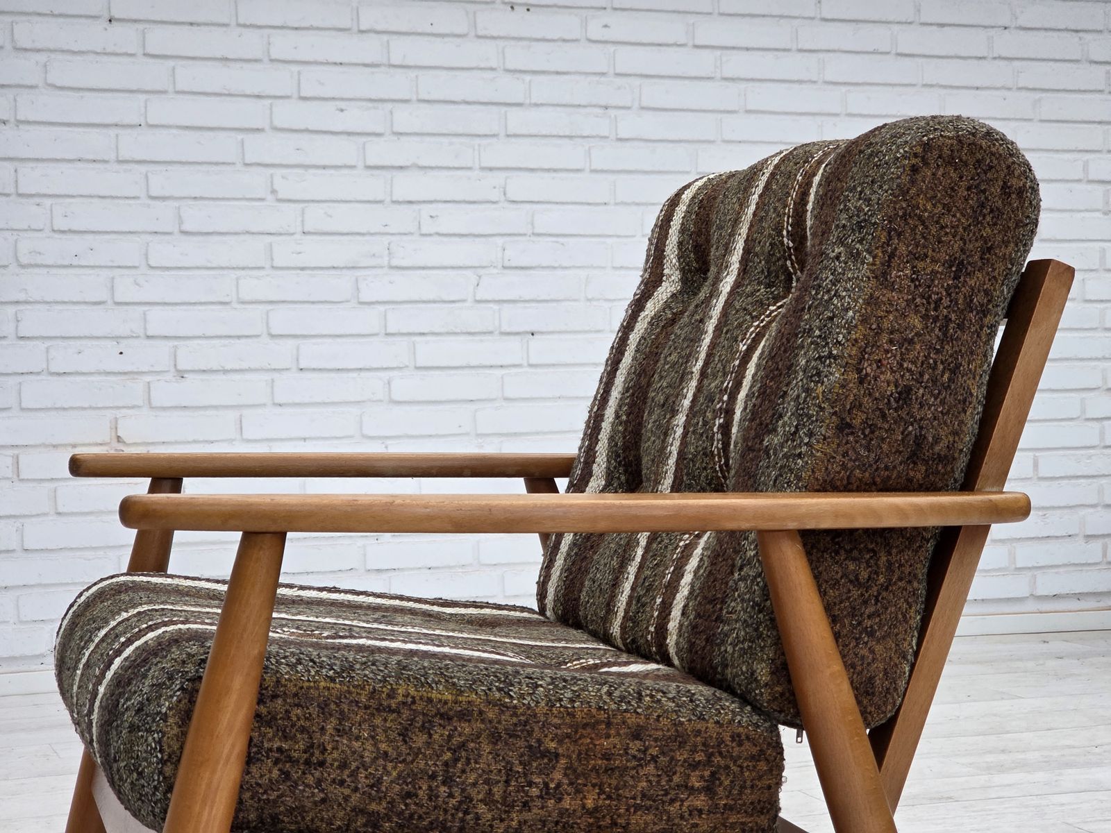 photo buy 1970s, Danish Armchair, Beech Wood, Furniture Wool Fabric.