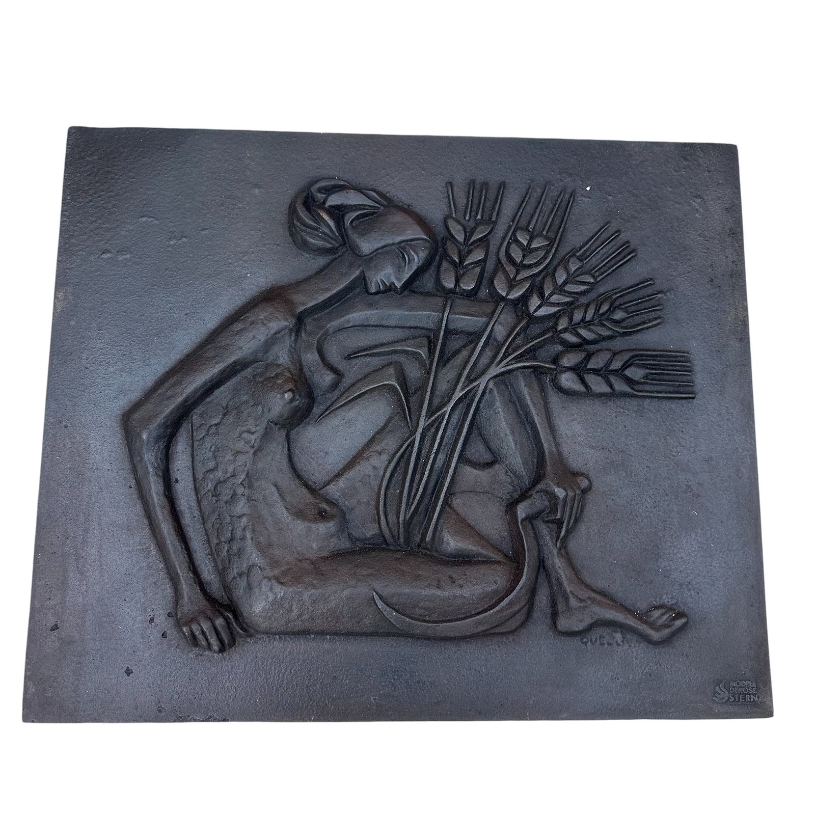 Modernist Cast Iron Plaque Depicting A Nude Woman Holding A Scythe And Ears Of Wheat photo for sale
