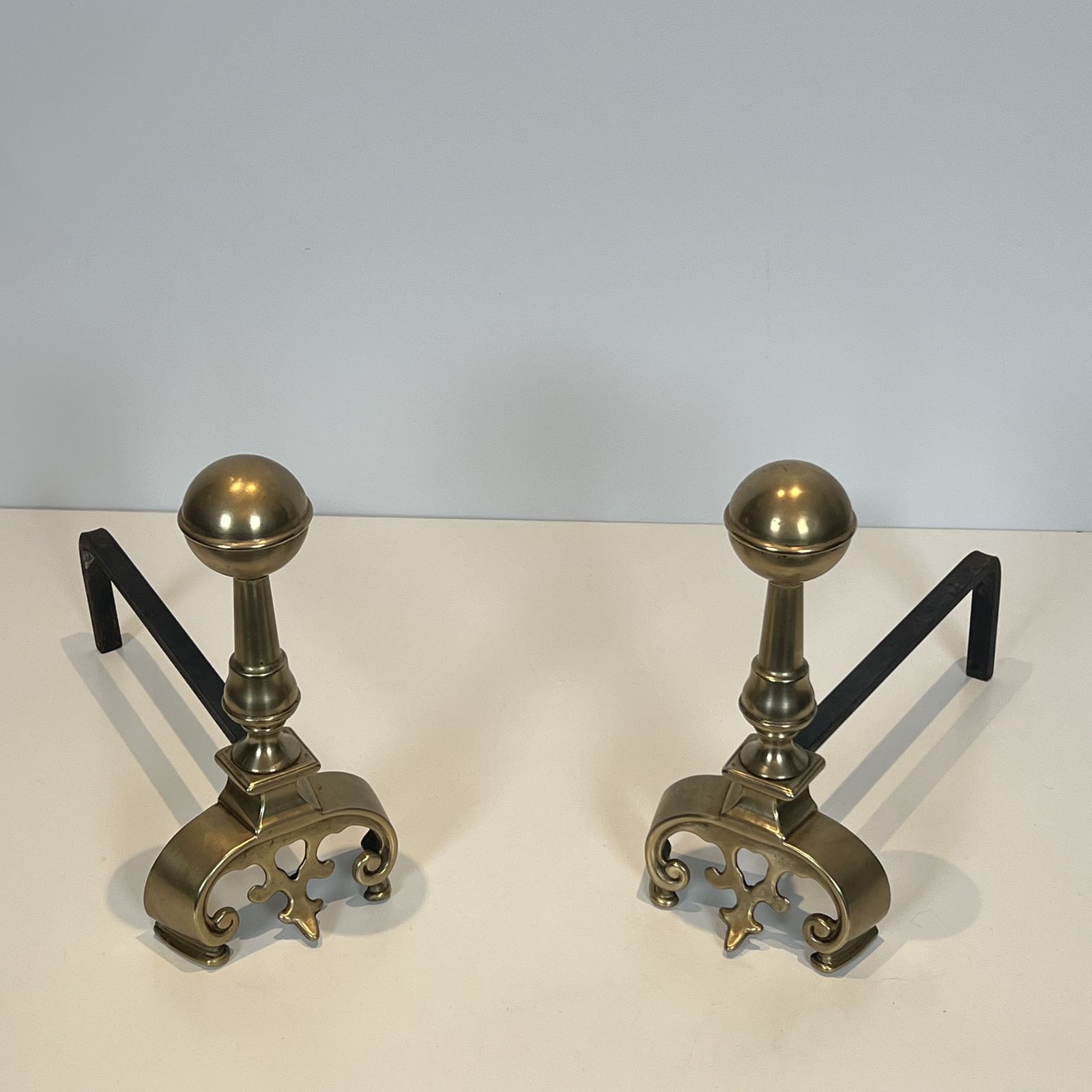 Home Fixtures Pair Of Brass Andirons, 1900s, Antique photo