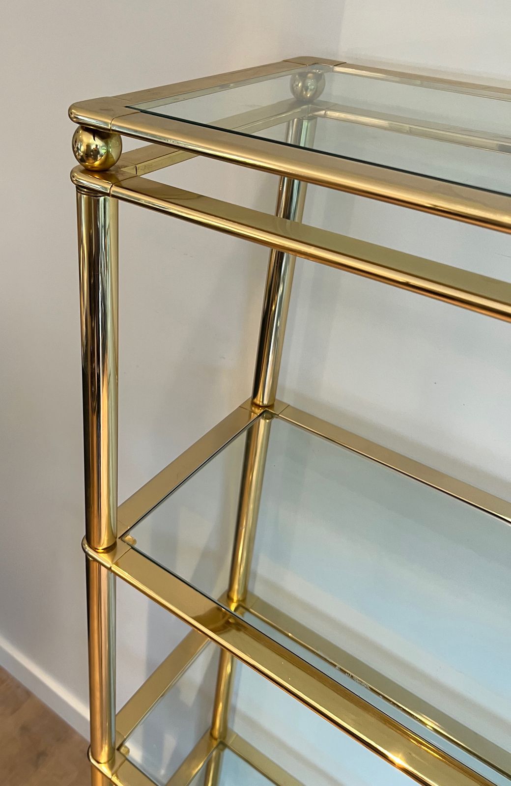 photo furniture Gold Chrome Shelf With 5 Clear Glass Shelves