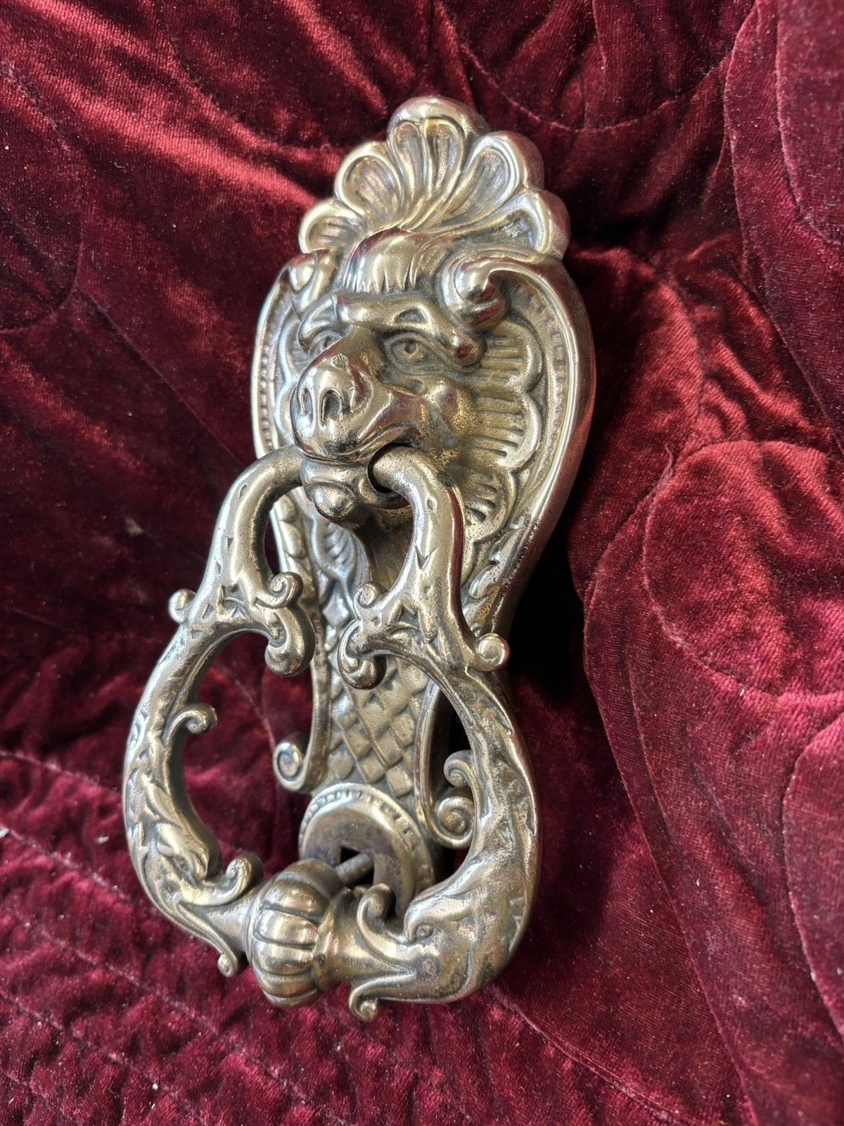 Antique Solid Bronze Front Door Knocker Reclaim Period Victorian Lions Head Rare photo furniture
