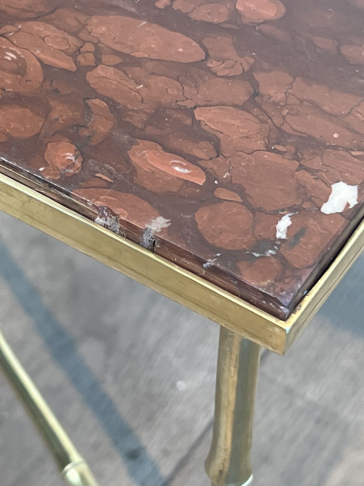 photo vintage Bronze Coffee Table In Faux Bamboo Style With Veined Red Marble Tops From Maison Bagués