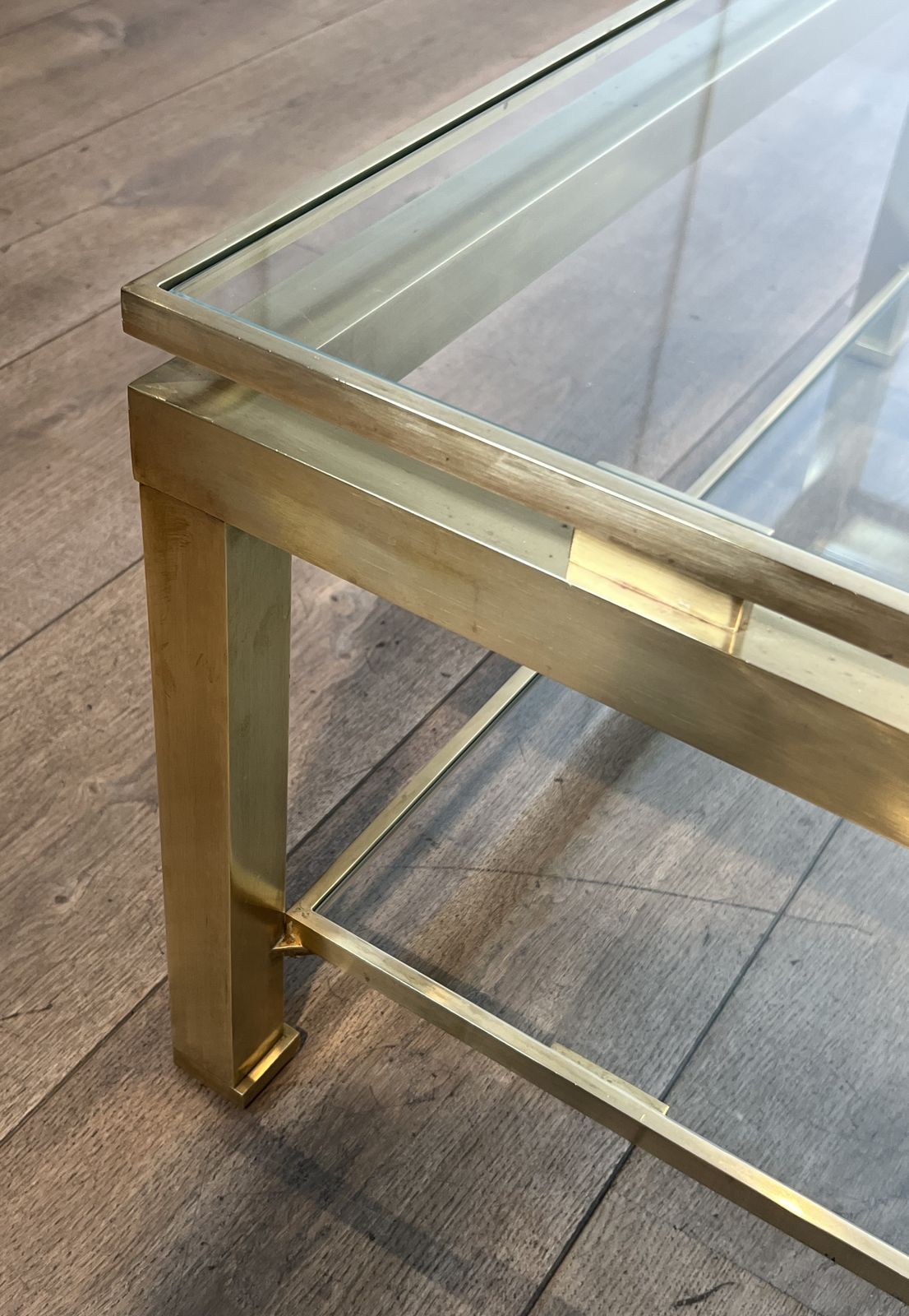 photo furniture Modernist Coffee Table In Brass And Glass Tops By Guy Lefèvre For Maison Jansen