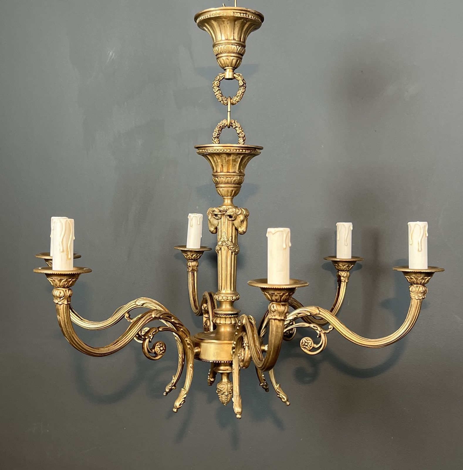 Bronze Chandelier With Ram's Heads In The Louis XVI Style, In The Style Of The Jansen Family photo for sale