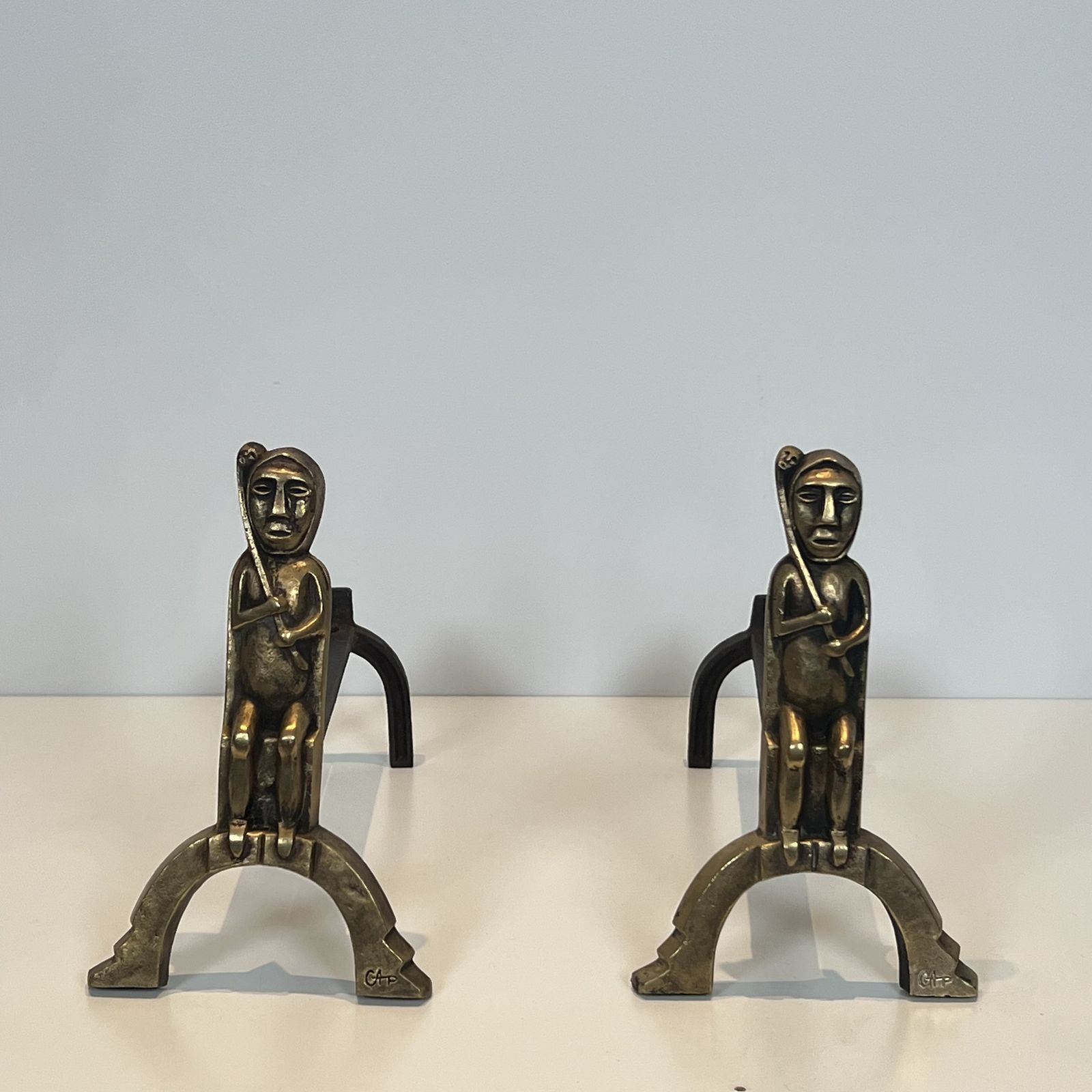 Pair Of Bronze Andirons With Seated Shamans, Monogrammed Anton Prinner photo furniture