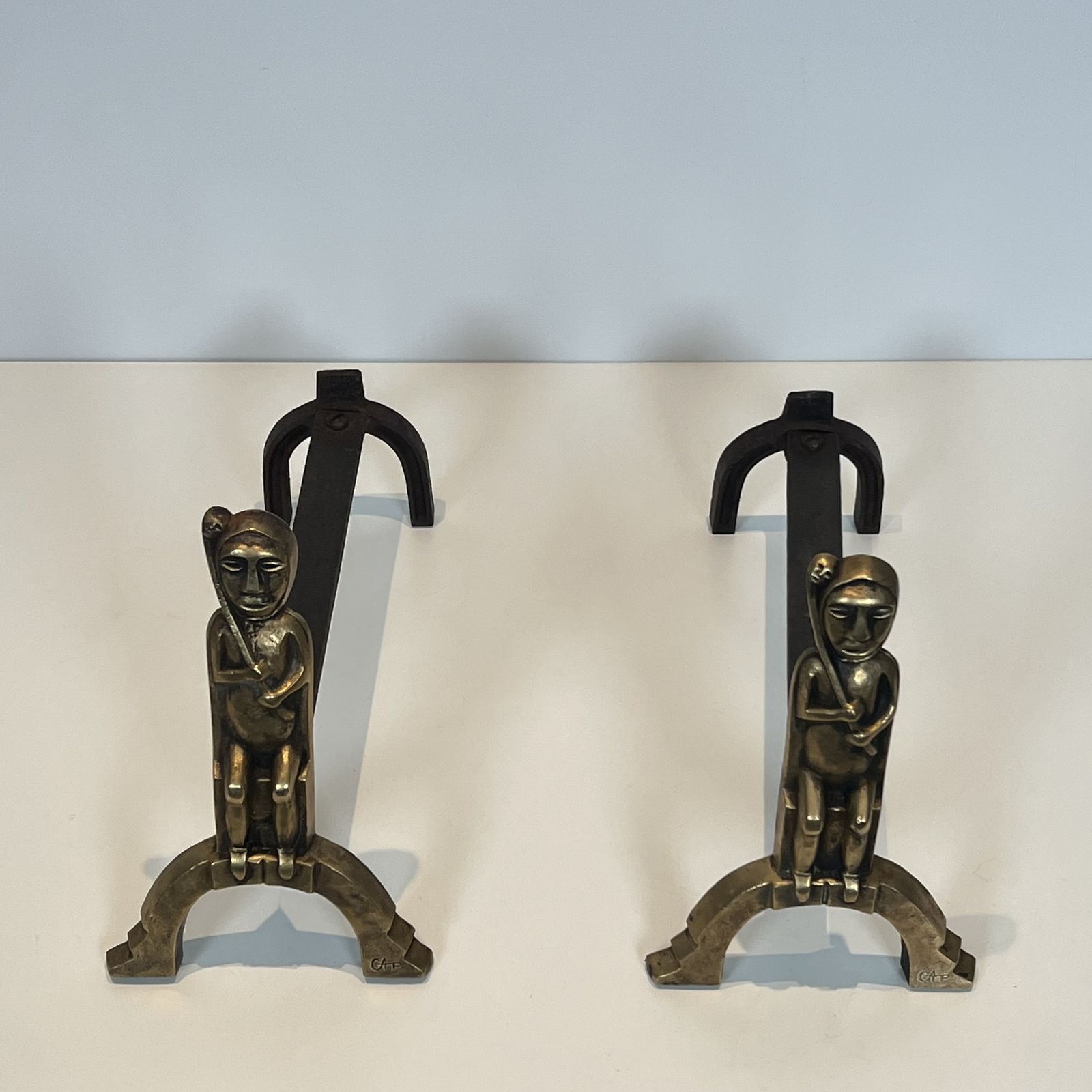 Pair Of Bronze Andirons With Seated Shamans, Monogrammed Anton Prinner photo for sale