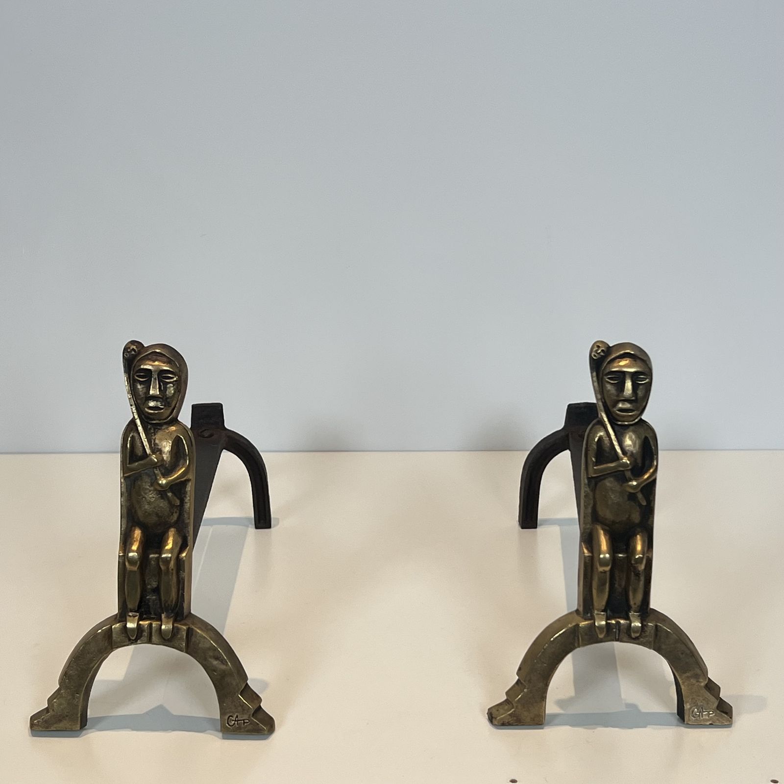 Home Fixtures Pair Of Bronze Andirons With Seated Shamans, Monogrammed Anton Prinner photo