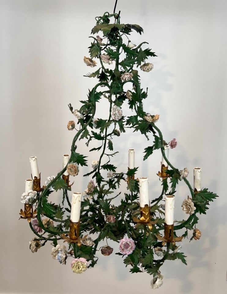 Important Louis XVI Style Brass Basket Chandelier In Green Lacquered Metal Foliage And Meissen Porcelain Flowers photo furniture