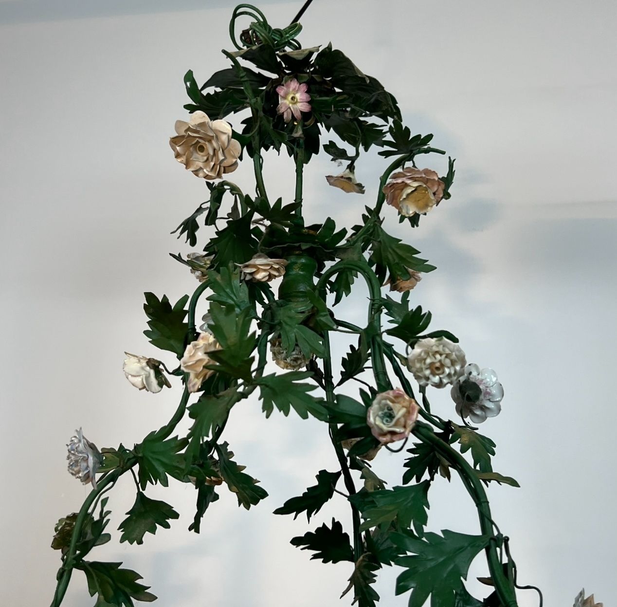 Important Louis XVI Style Brass Basket Chandelier In Green Lacquered Metal Foliage And Meissen Porcelain Flowers photo buy