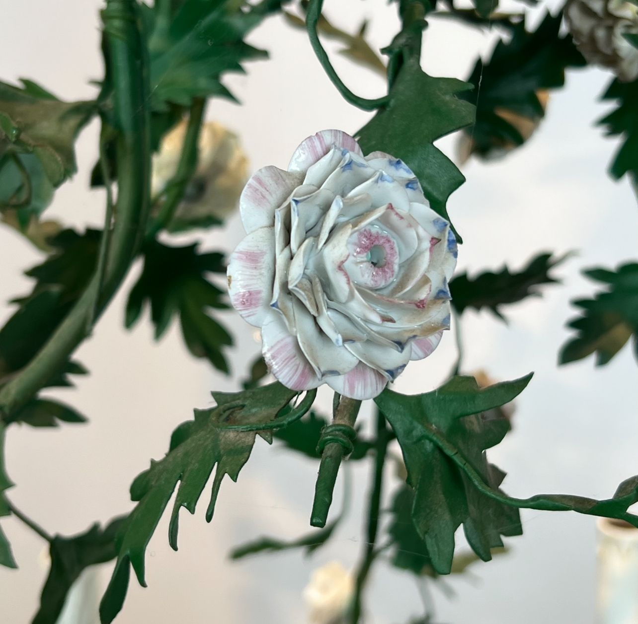 photo for sale Important Louis XVI Style Brass Basket Chandelier In Green Lacquered Metal Foliage And Meissen Porcelain Flowers