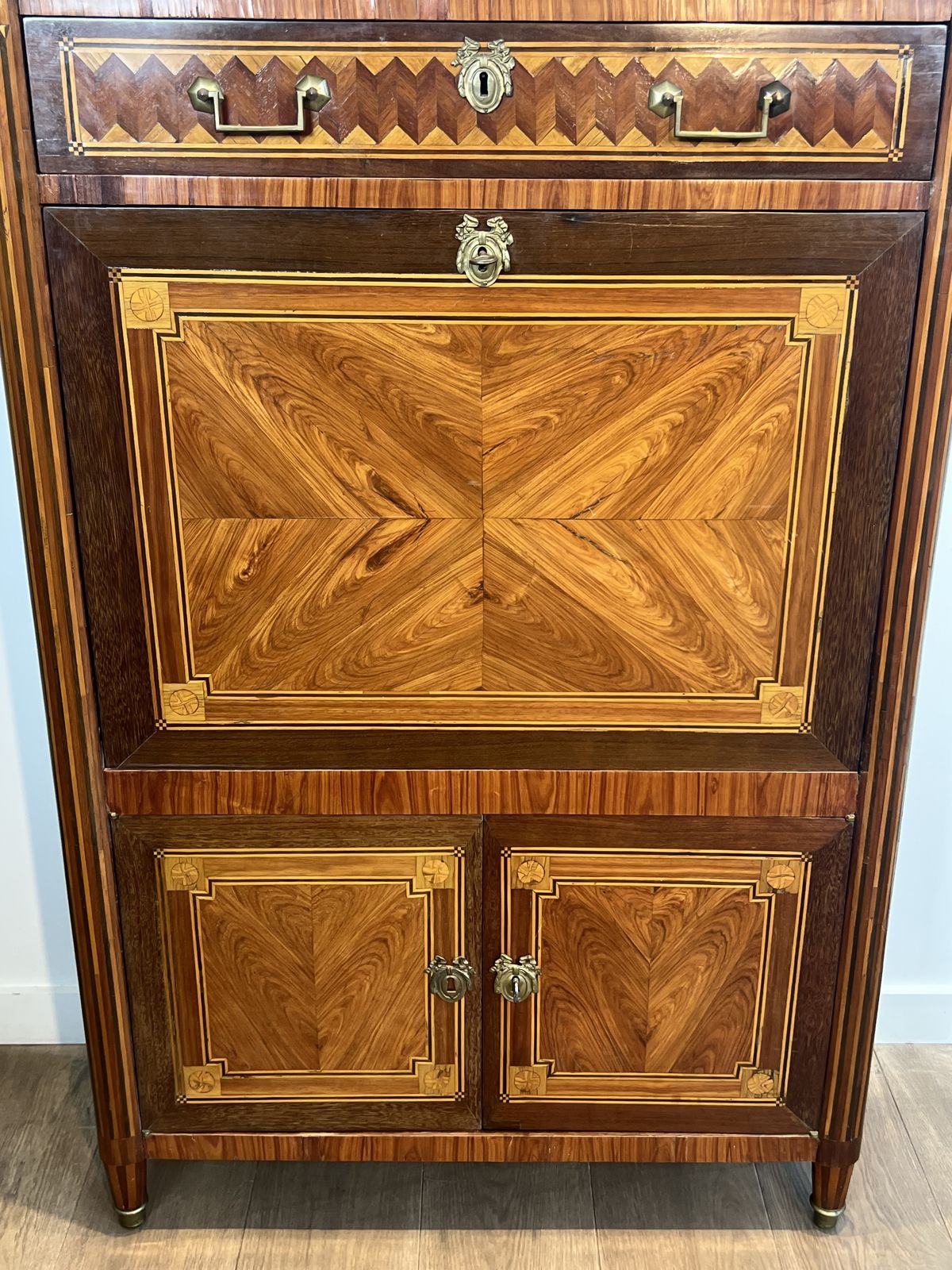 Louis XVI Style Drop Front Secretary Desk In Marquetry And Carrara Marble Top photo vintage