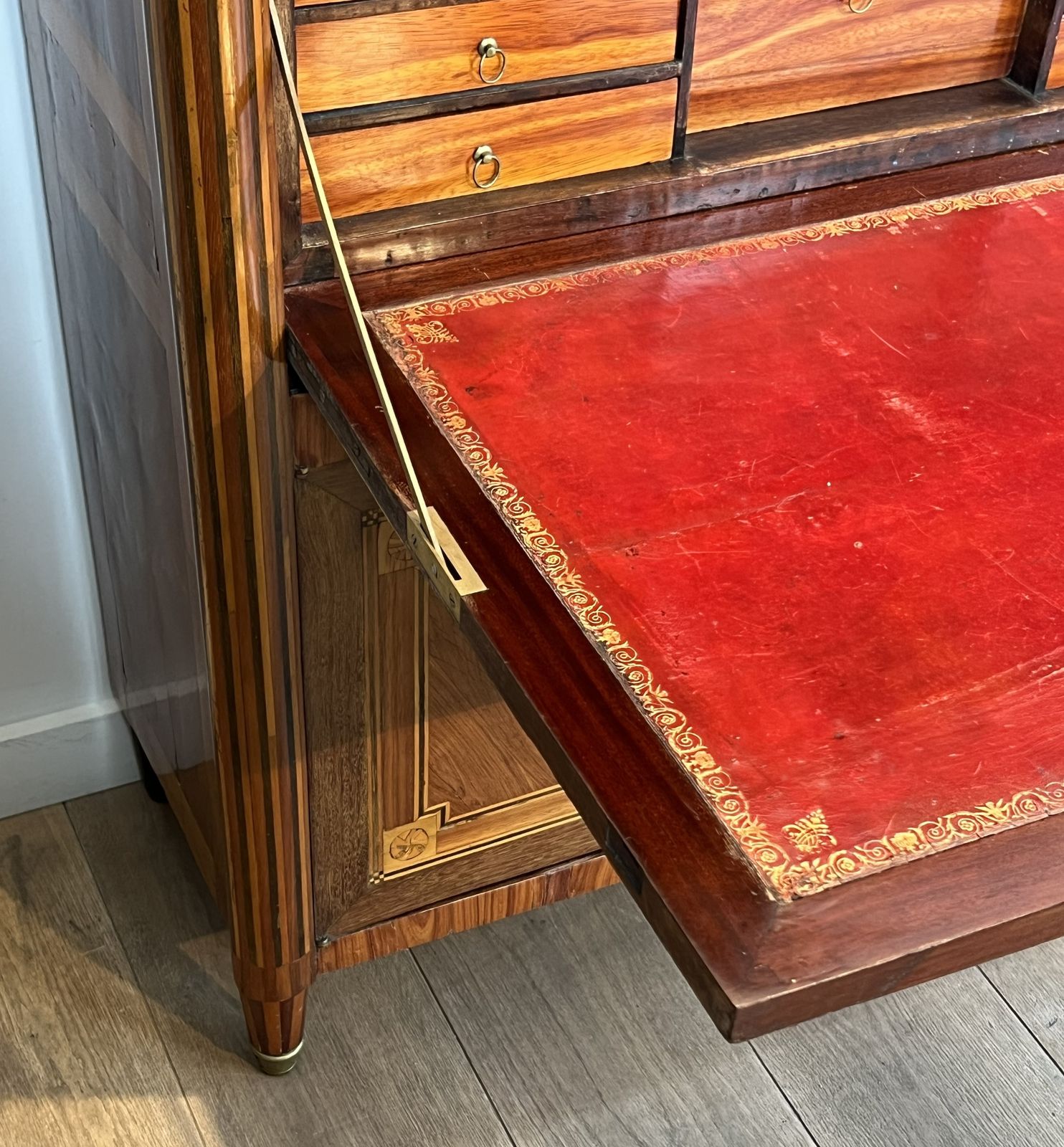 photo buy Louis XVI Style Drop Front Secretary Desk In Marquetry And Carrara Marble Top