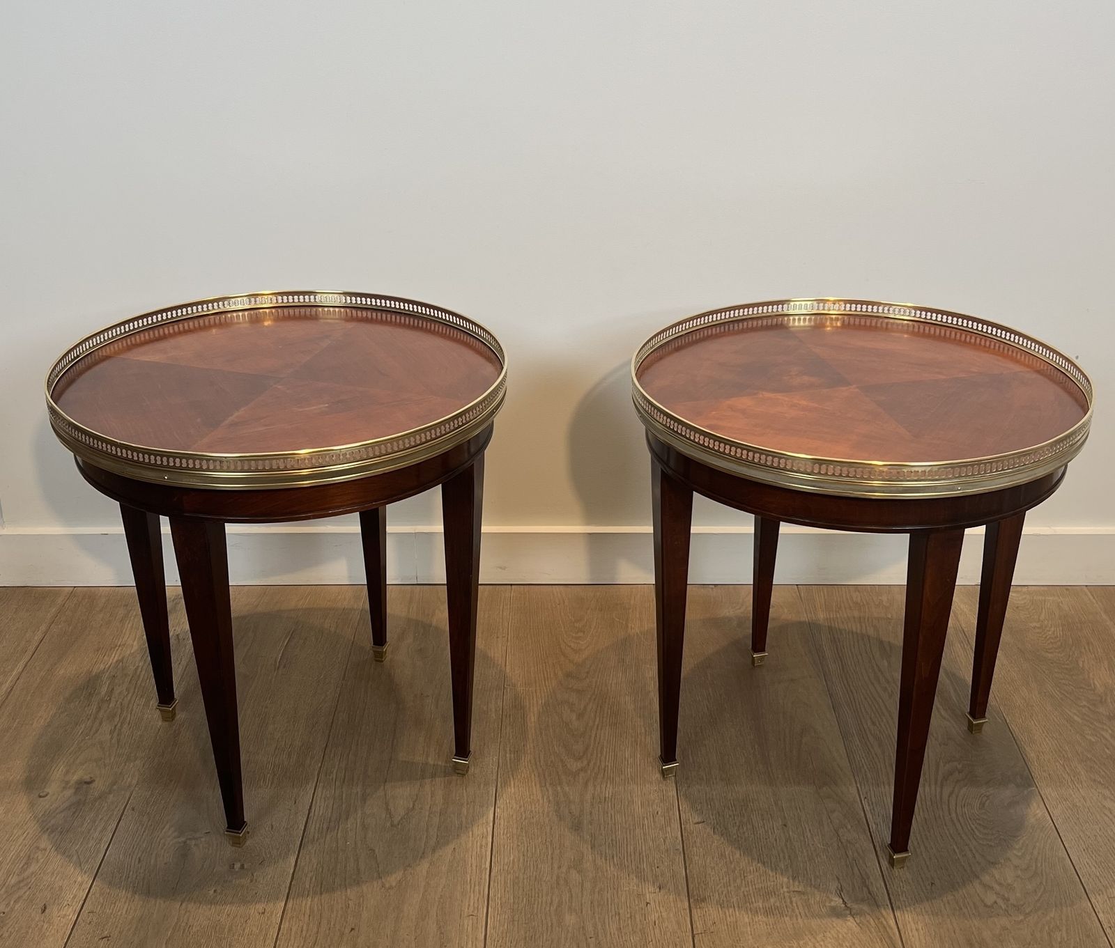 Pair Of Round Mahogany And Brass Side Tables, Also Known As Bouillotte Tables, End Tables, Or Pedestal Tables In Neoclassical Style