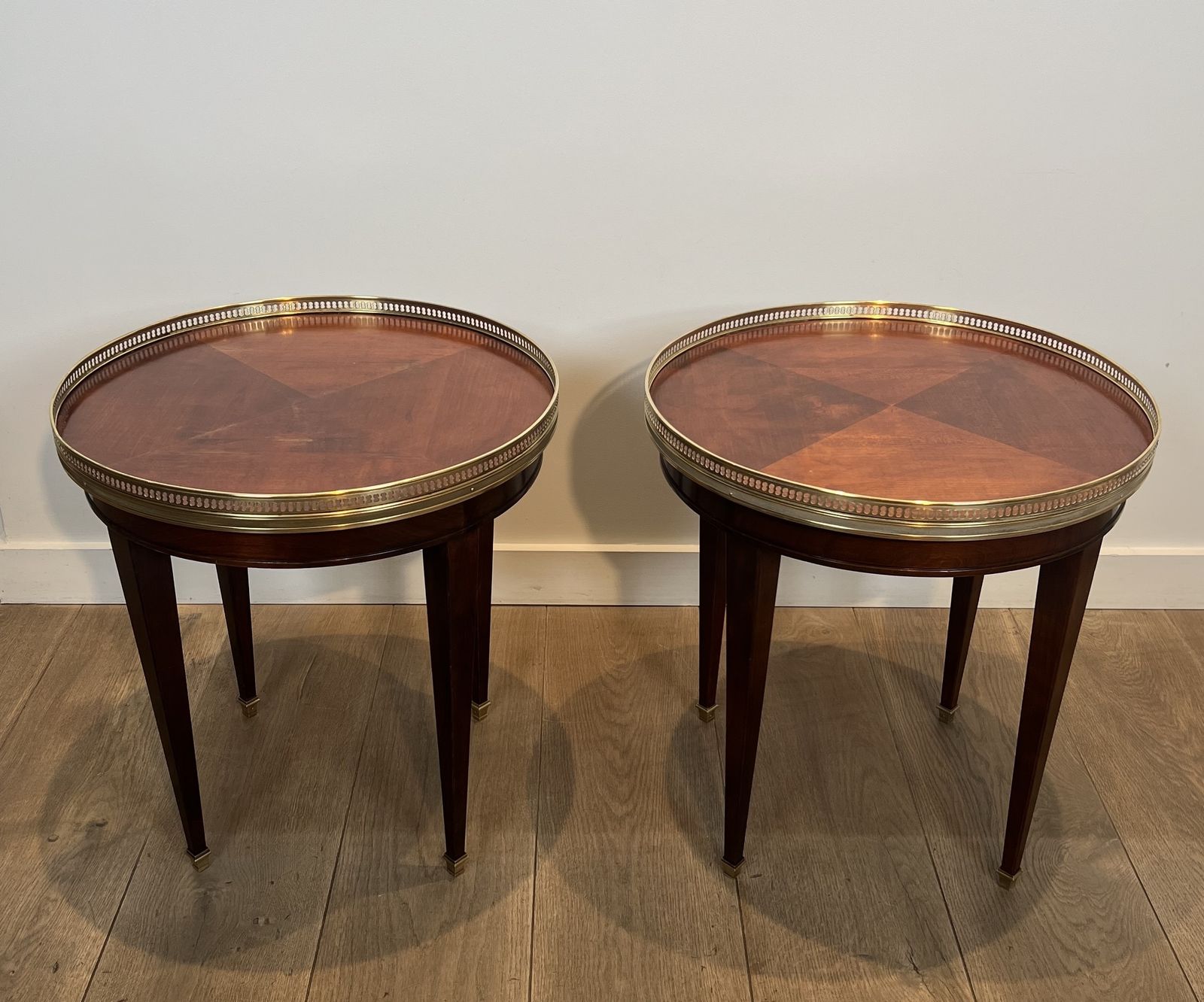 Furniture Pair Of Round Mahogany And Brass Side Tables, Also Known As Bouillotte Tables, End Tables, Or Pedestal Tables In Neoclassical Style photo