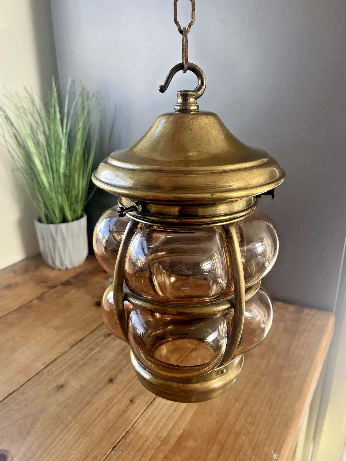 Mid Century Brass Cage Blown Porch Light Lantern Lamp Shade & Gallery Scandi 60s photo vintage