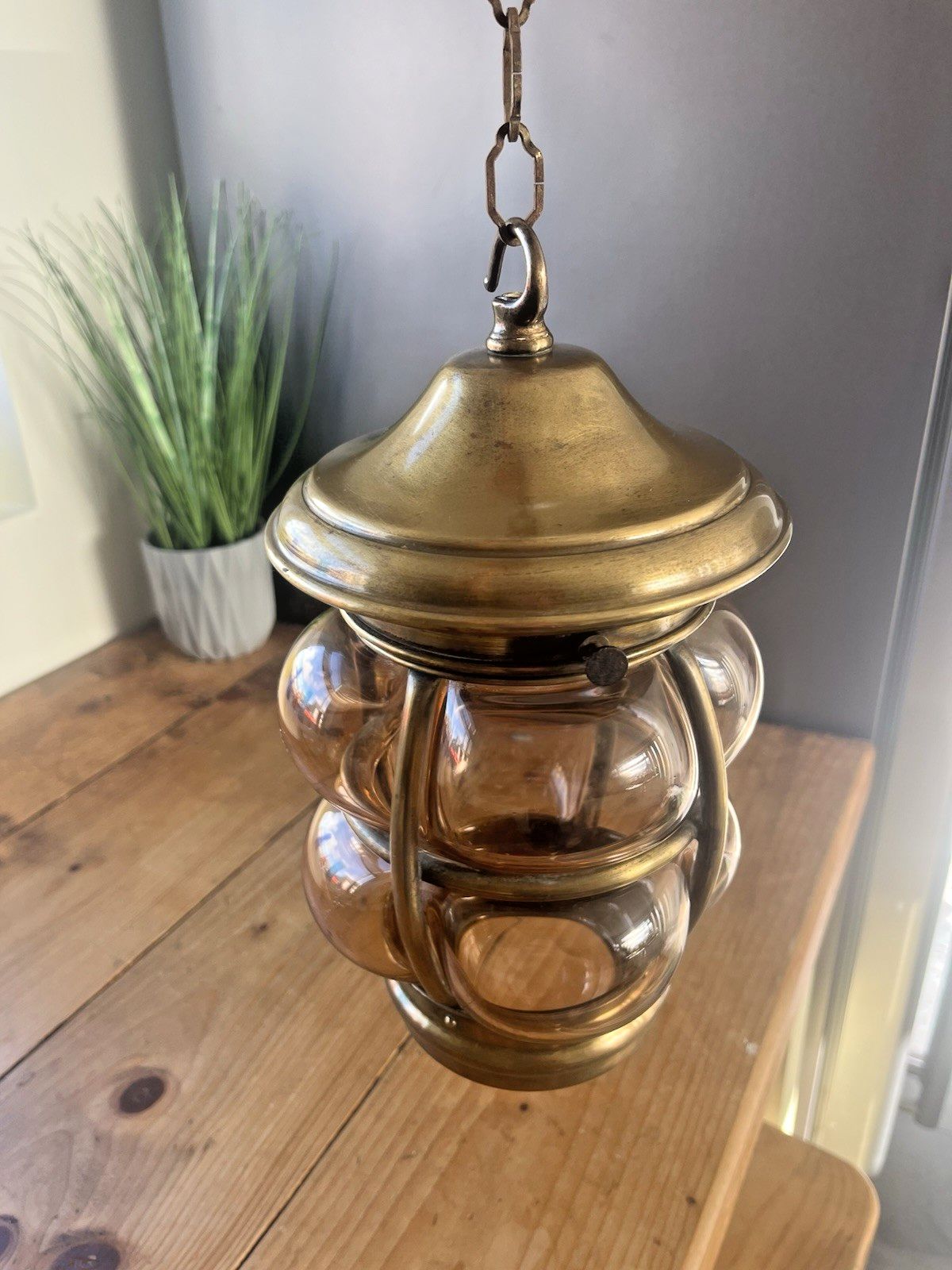 photo for sale Mid Century Brass Cage Blown Porch Light Lantern Lamp Shade & Gallery Scandi 60s