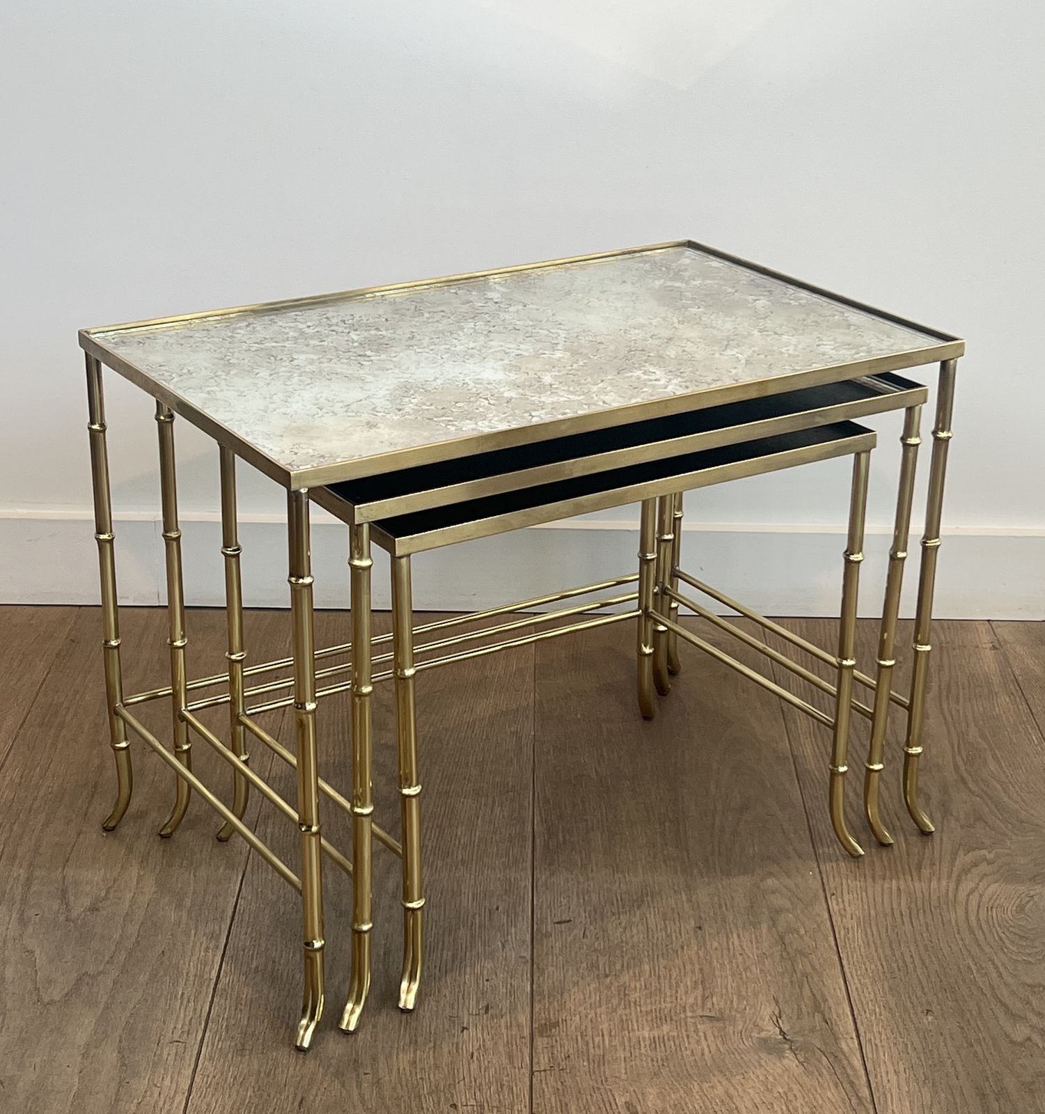 Set Of Nesting Tables In Faux Bamboo Style, Brass With Eglomisé Glass Top By Maison Baguès photo furniture