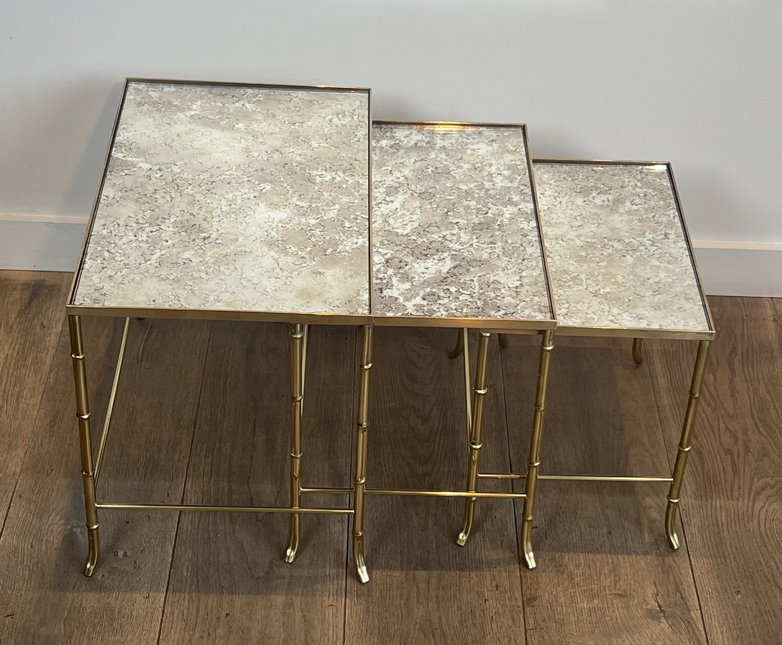 Set Of Nesting Tables In Faux Bamboo Style, Brass With Eglomisé Glass Top By Maison Baguès photo Furniture