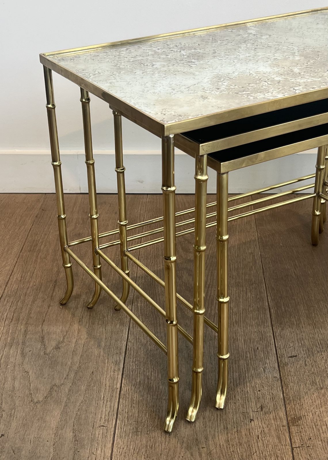 Set Of Nesting Tables In Faux Bamboo Style, Brass With Eglomisé Glass Top By Maison Baguès photo 2450.0