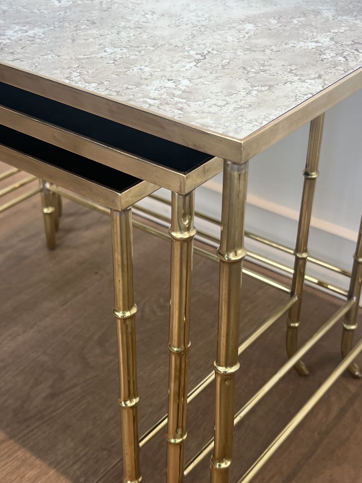 photo for sale Set Of Nesting Tables In Faux Bamboo Style, Brass With Eglomisé Glass Top By Maison Baguès