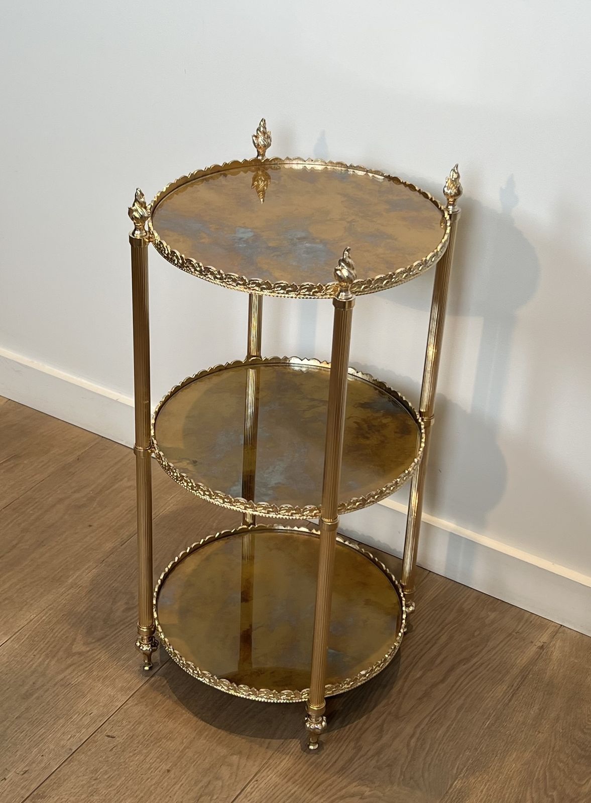 Round Silver Plated Brass Side Table With Triple Eglomisé Mirrored Shelves By Maison Jansen