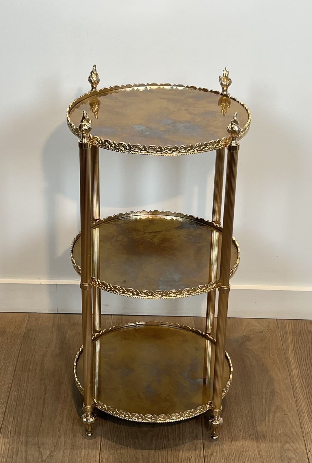 Round Silver Plated Brass Side Table With Triple Eglomisé Mirrored Shelves By Maison Jansen photo furniture