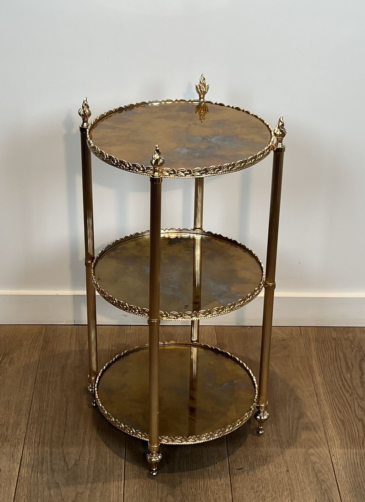 Round Silver Plated Brass Side Table With Triple Eglomisé Mirrored Shelves By Maison Jansen photo 2950.0