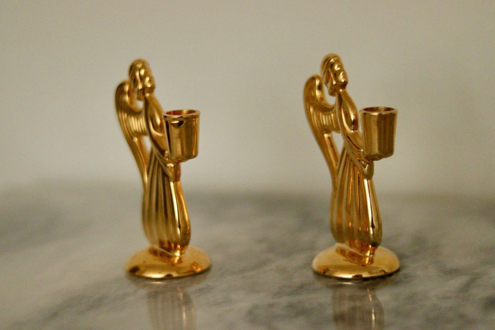 Pair Of Vintage Swedish Brass Angel Candleholders By Skultuna photo for sale