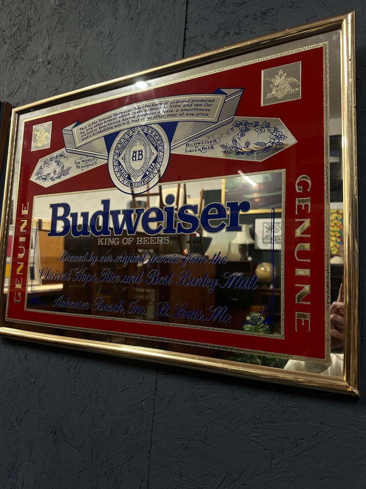 Original Budweiser Glass Sign – Iconic Americana Bar Décor photo furniture