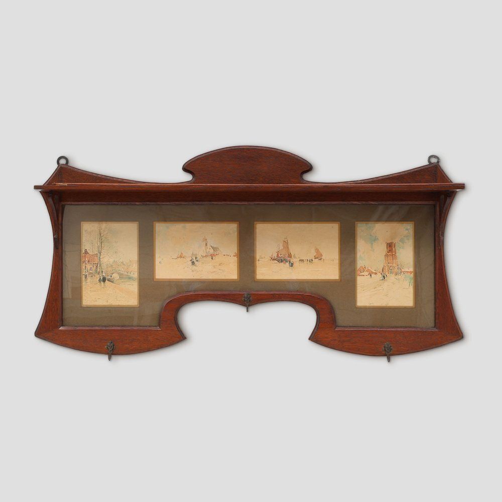 Art Nouveau Wall Mounted Coat Rack With Framed Watercolors From Cassier, Belgium, 1905