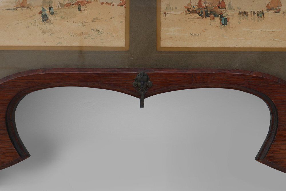 Art Nouveau Wall Mounted Coat Rack With Framed Watercolors From Cassier, Belgium, 1905 photo Furniture