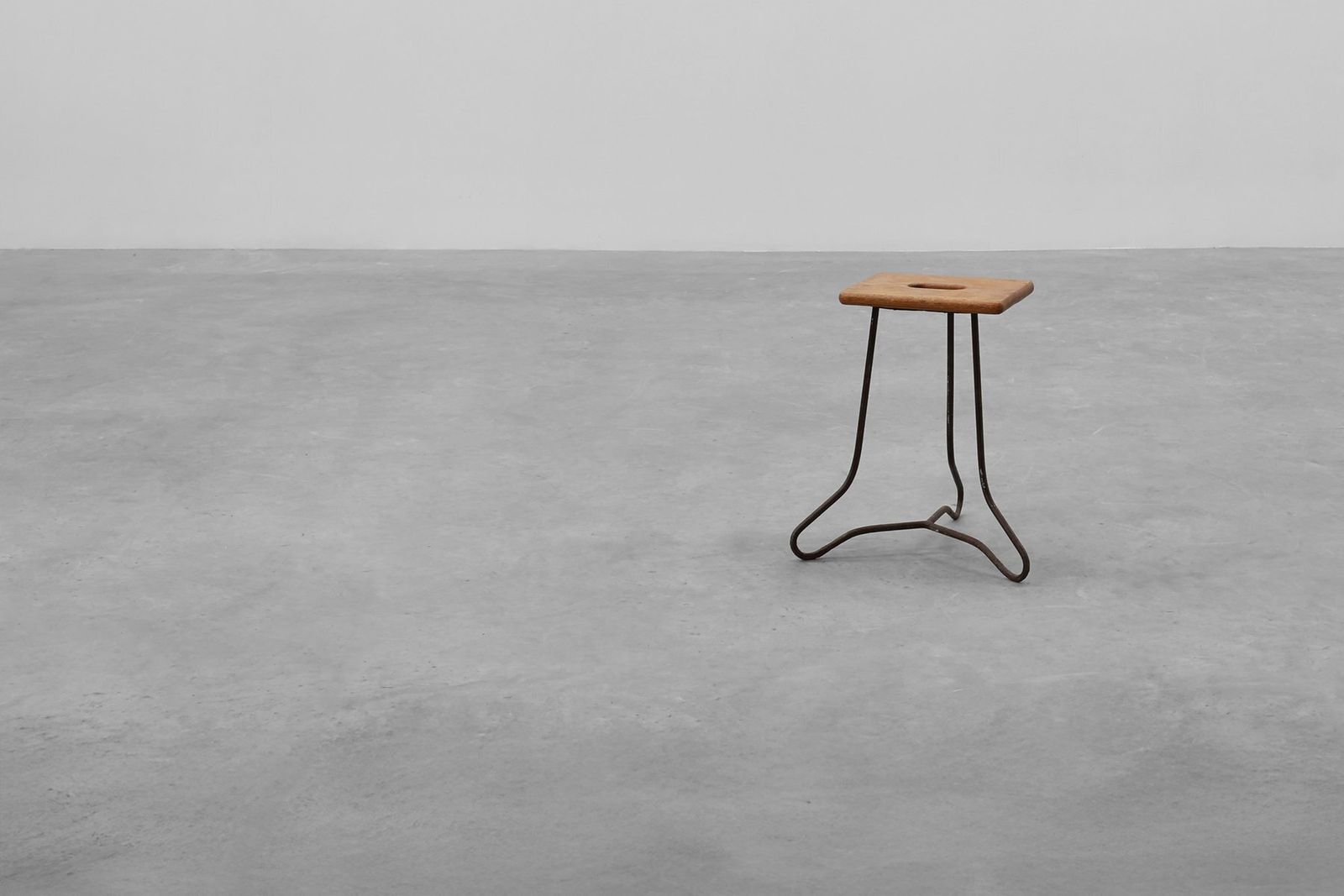 Furniture Modernist Industrial Iron And Oak Split Slats Stool, France, 1960s photo