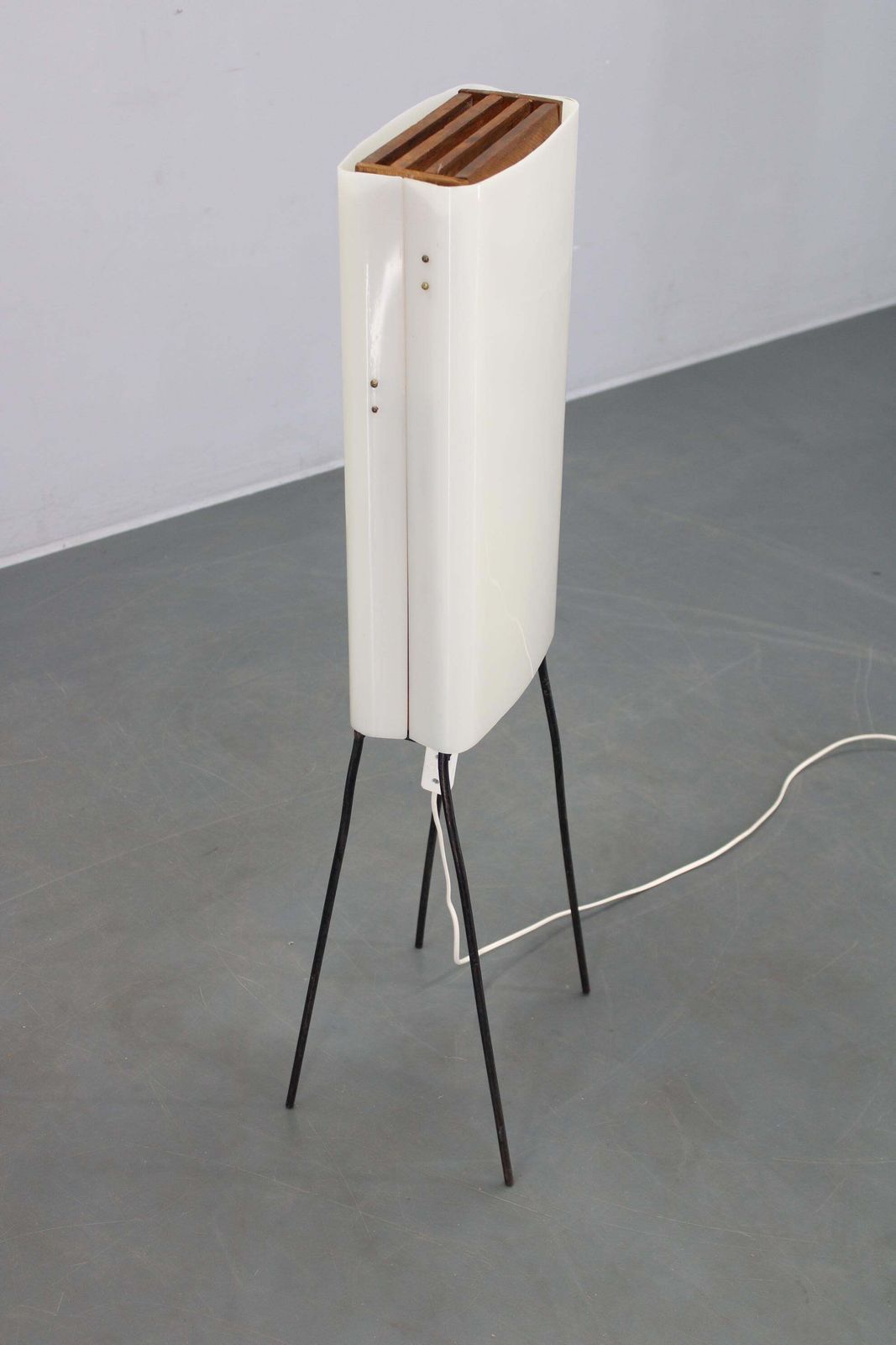 Lighting Mid Century Modern Floor Lamp On Iron Legs With Plastic Shade And Wood Accent photo