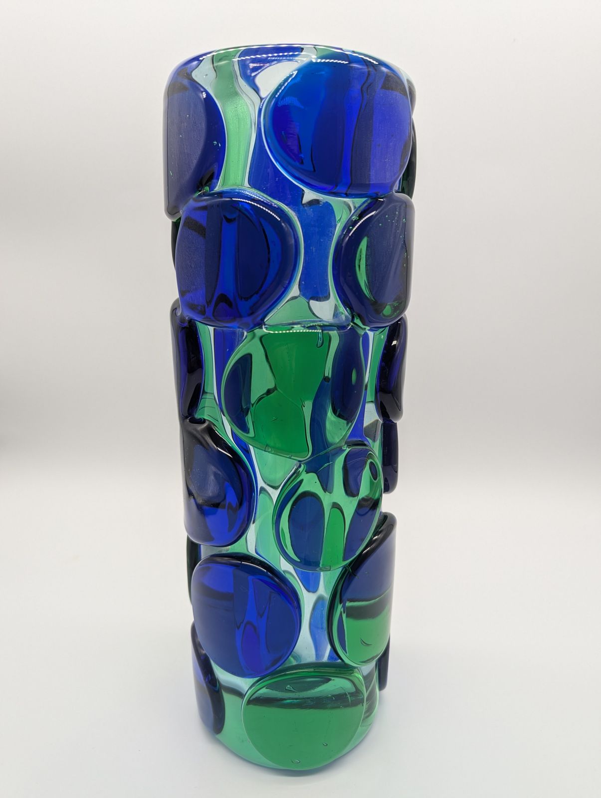 Skrdlovice Art Glass Vase By Jaroslav Svoboda, C.1970 – Blue & Green Applied Roundels (31.5 Cm) photo vintage